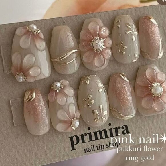 Other - 3D Flower Pearl Press On Nails - Nude Pink Glitter Gold Accent Nail set of 10